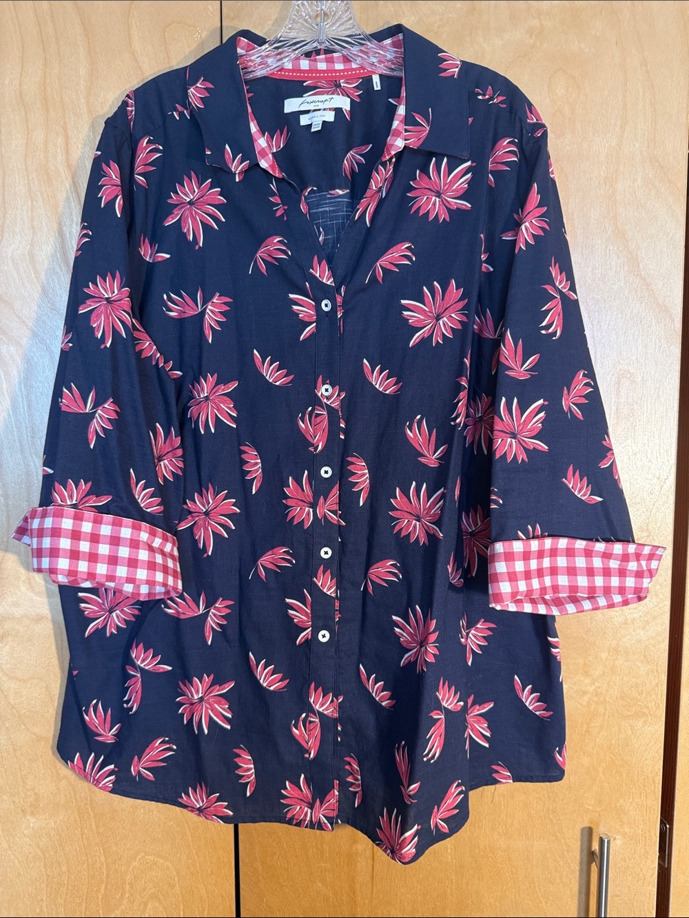 Foxcroft Navy Blouse with Pink Floral Print